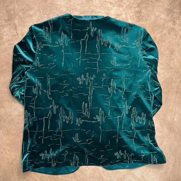 Vintage 90s R&M Richards Karen Kwong Teal Abstract Glitter Open Front Jacket - Picture 2 of 7